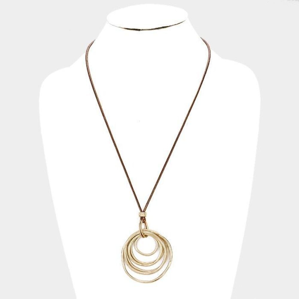 New Womens Boutique Worn Gold Layered Metal Hoop Pendant Long Necklace
